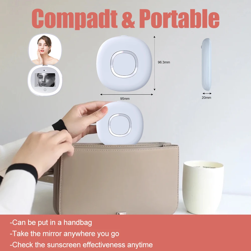 New Design Sunscreen Test UV Mirror 3X Magnification Travel Makeup Mirror 3 Color Light Adjustable LED Mirror