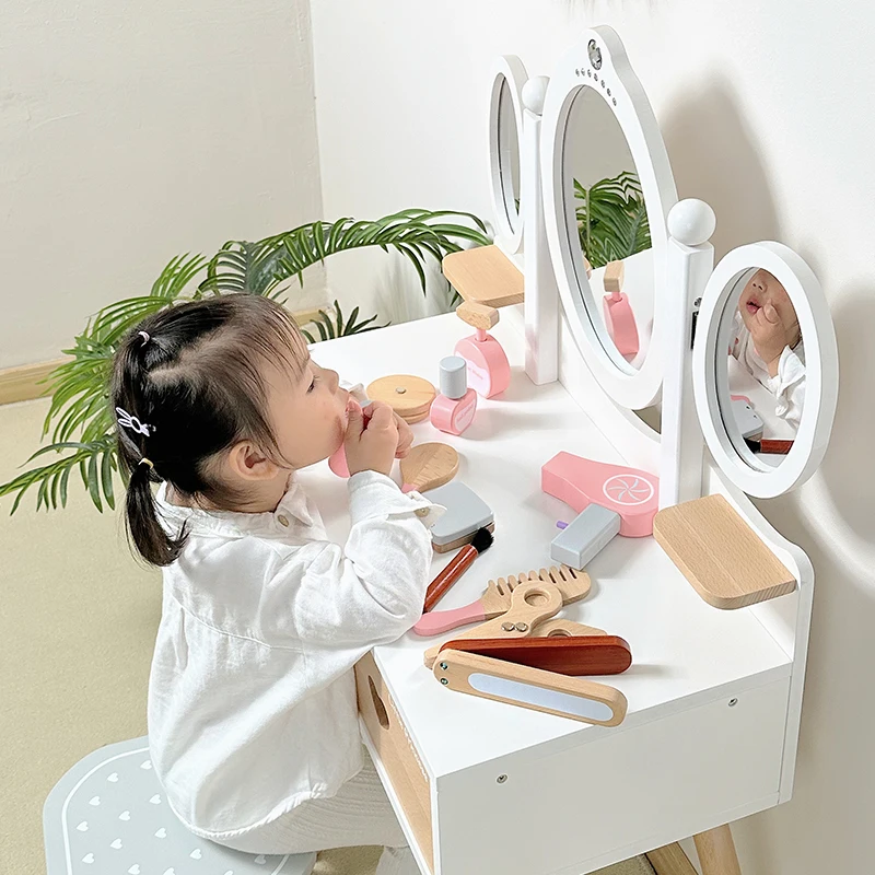 New Girls Dress Up Game Princess Educational Role Pretend Make Up Role Play Simulation Dressing Table Wooden Toys For Kids