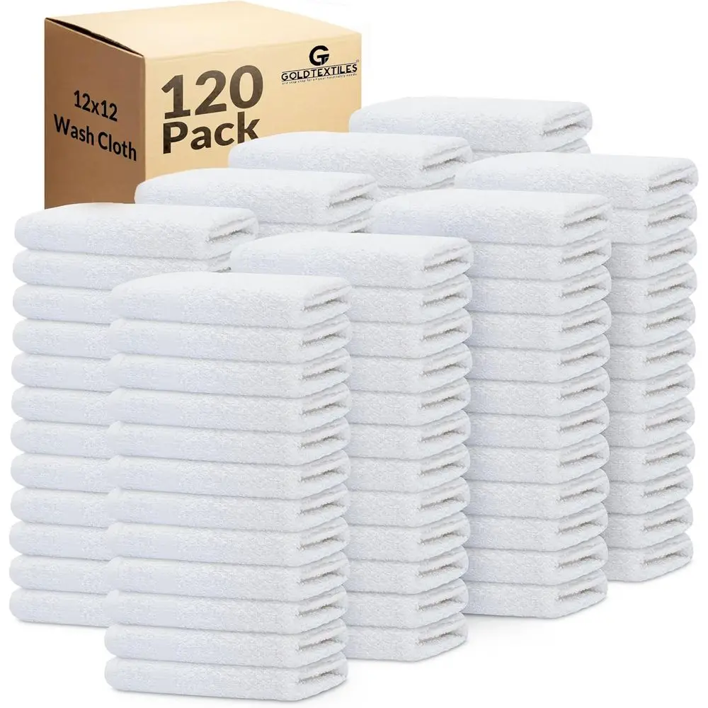 

120-Piece White Cotton Blend Washcloths Set, 12x12 Inches - Durable Cleaning Rags for Home, Spa, Gym, and Kitchen Use
