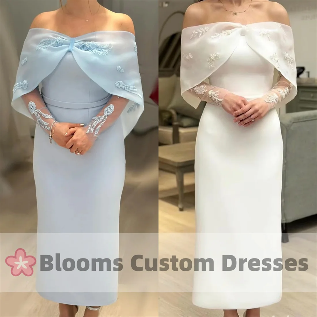 

Blooms Off Shoulder Crepe Elegant Prom Dresses 2024 Long Sleeves With Beads Flower Robes De Formal Occasion Evening Party Gown