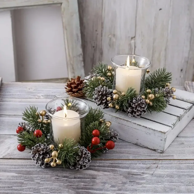 Christmas Candle Ring Artificial Pine Needle Pinecone Berries Garland Rustic Festive Candle Wreath for Home Table Decor