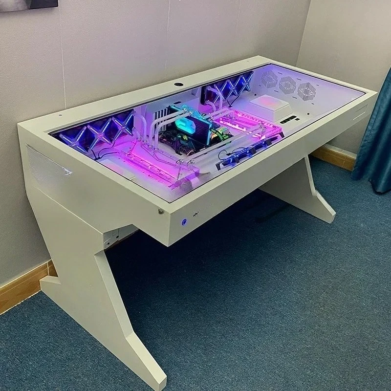 Sci-Fi All-In-One Desk Gaming Computer Case, Transparent Water-Cooled Design with Ambient Lighting