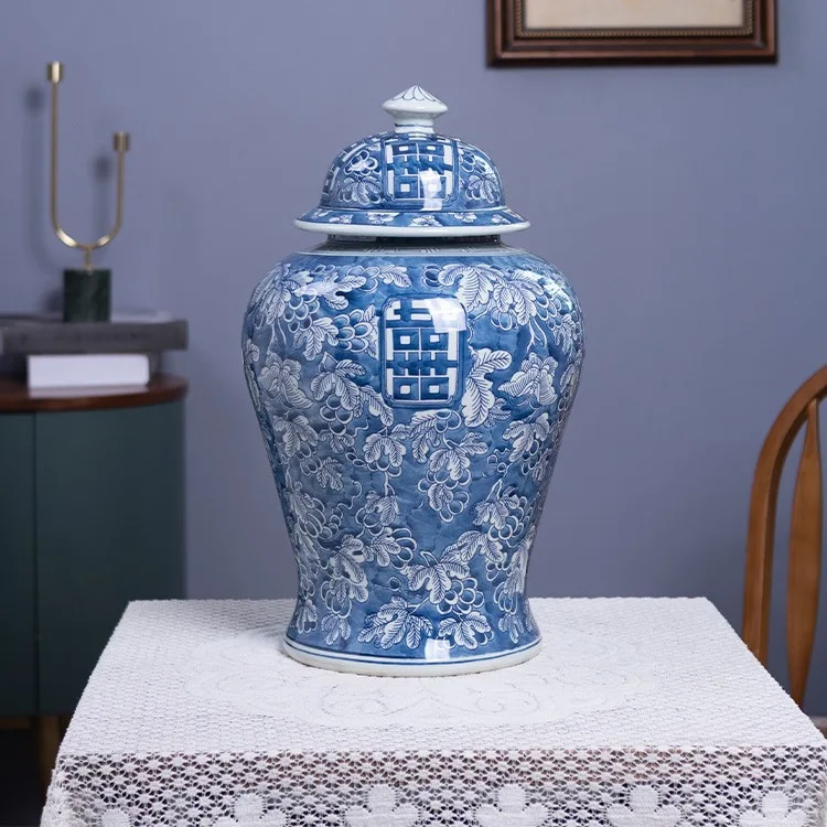 Jingdezhen hand-painted blue and white happy character ceramic bottle home living room decorative floor Chinese decoration vase