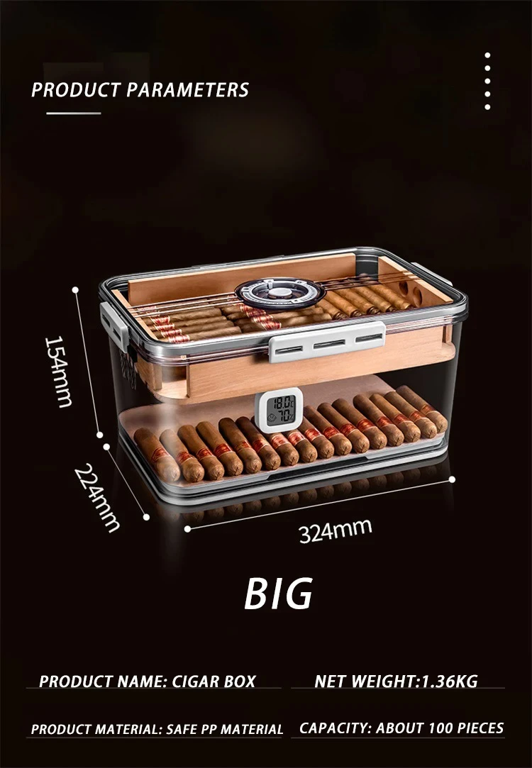 Large Portable Sealed Cigar Box Humidifier Cedar Woooshelf Multifunctional Hygrometer Pp Material