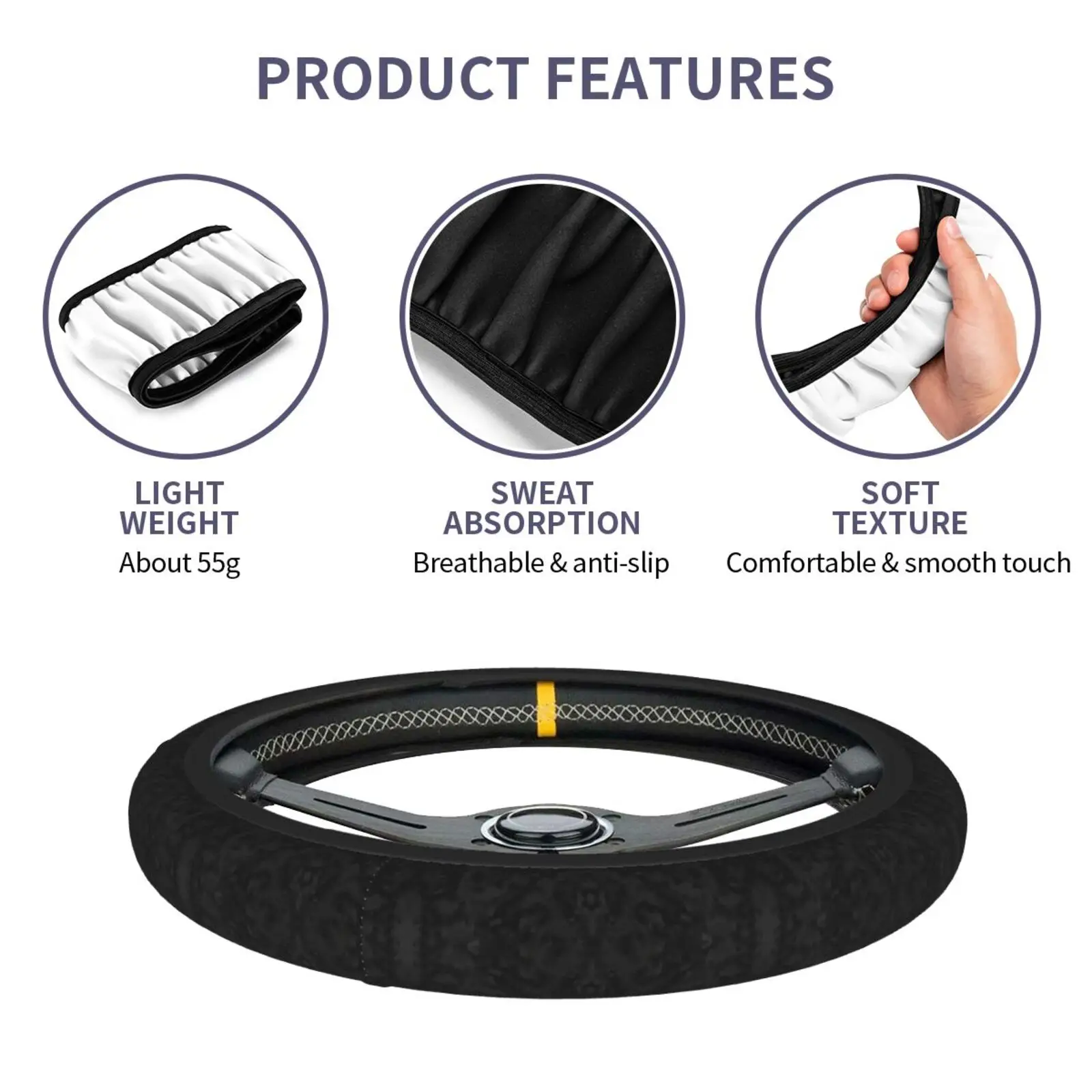Sports Camouflage Black Print Car Steering Wheel Cover Car Covers Suite Elastic Design Auto Accessories for 14.5-15Inches - view 6