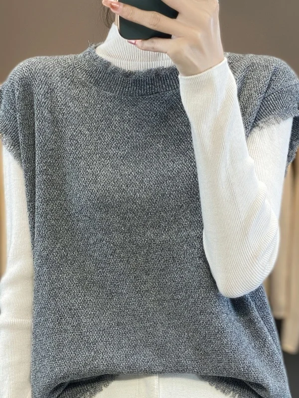 

Новый женский свободный вязаный шерстяной топ без рукавов с круглым вырезом, теплый повседневный свитер, удобный пуловер-жилет, зимняя верхняя одежда