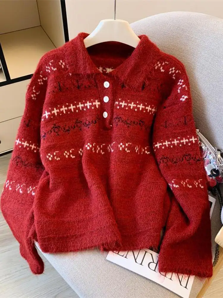 

Autumn Winter Red White Patchwork Button Pullover Short Sweater Korean Fashion Women Elegant Loose Holiday Knitted Tops Popular