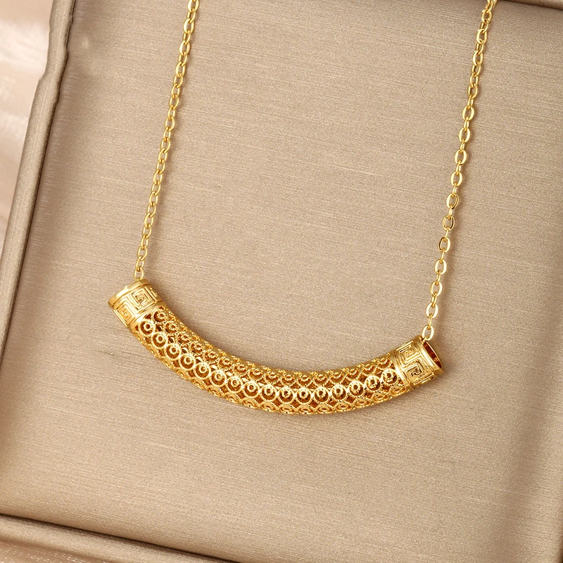 24K real gold ingot hollow pattern pipe pendant pendant women's necklace 999 pure gold fashion retro ethnic style jewelry