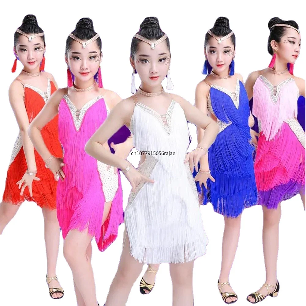 Trajes de dança latina lantejoulas para crianças, salão de baile, salsa, vestido infantil, borlas, roupas de palco para meninas