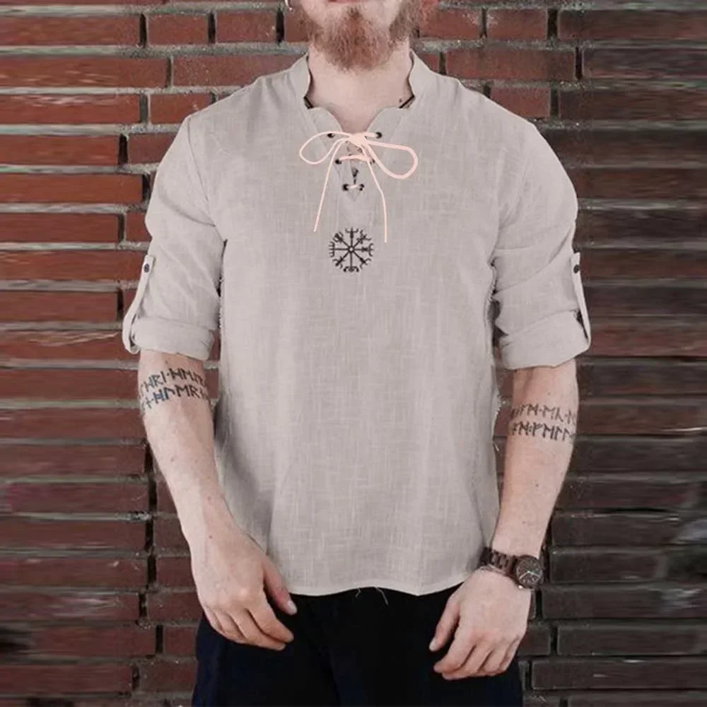 Camiseta de lino pirata Medieval para hombre, camisa de manga larga con cuello de pie bordado, estilo nórdico, con cordones, a la moda