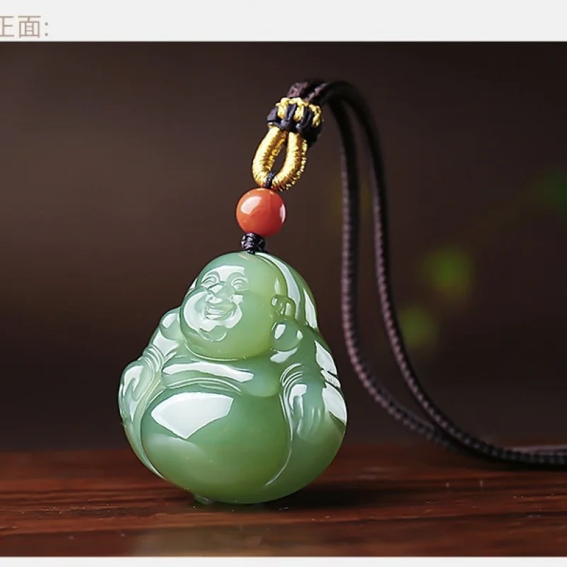 Hotan Qinghai Material Lake Green Laughing Women's Pendant Jade Buddha Figurine Delicate