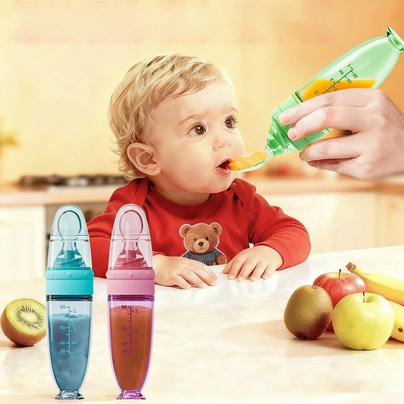 

Baby Feeding Silicone Bottle with Spoon, 90ml Food Dispensing Spoon, Food Squeeze Spoon, Suitable for Boys and Girls
