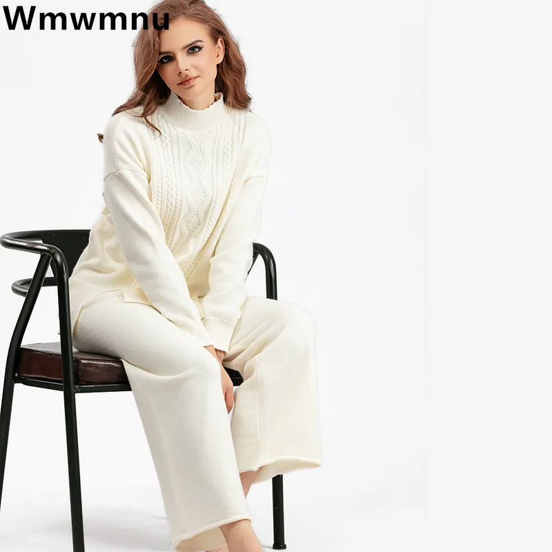 

Elegant Malhas Pullover Sweater 2 Piece Sets Korean Design Slit Pull Sueters Tops Conjuntos Baggy Soft Knitwear Pants Ensemble