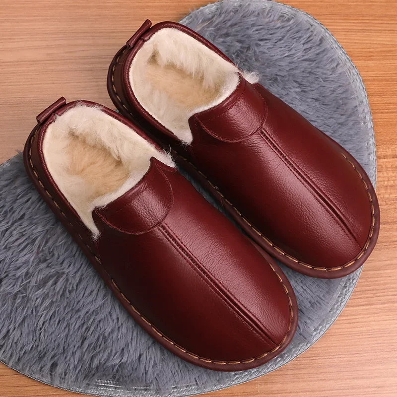 Genuine Leather Couple's Winter Indoor Slippers Anti-Slip Warm Wool Wrapped Heel Home Slippers for Men and Women