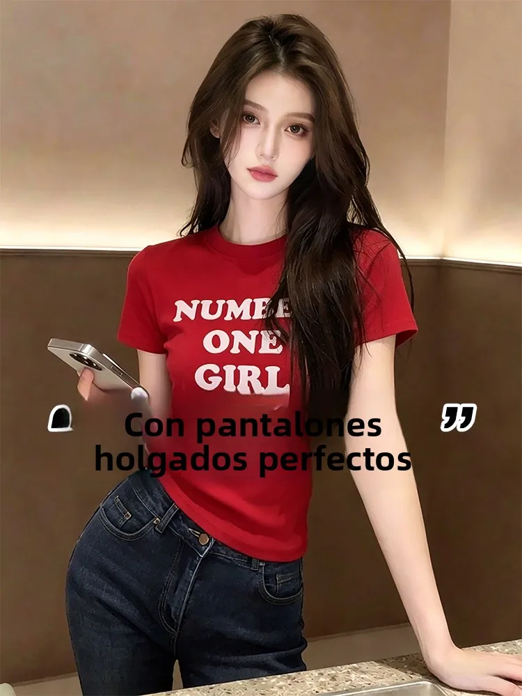 Camiseta de manga corta con estampado de letras y colores vibrantes para mujer, estilo Hong Kong, ideal para el verano y acti...