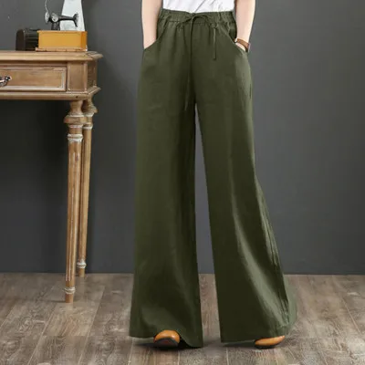 Women's Linen Wide Leg Trousers Drawstring Waist Loose Fit Comfortable Breathable Versatile All Match Fashion Clothing Trousers