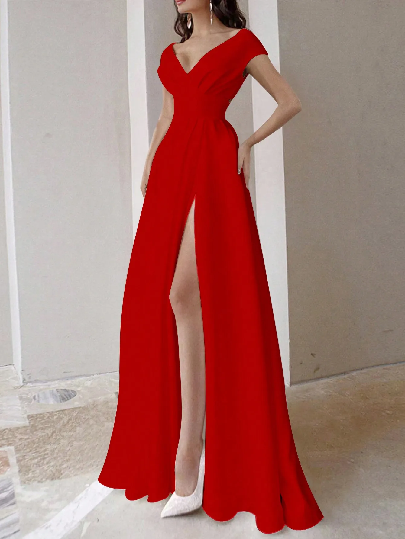 新しいドレス女性のサマードレスハイスリットソリッドエレガントマキシロングドレス結婚式の花嫁介添人パーティードレス女性服