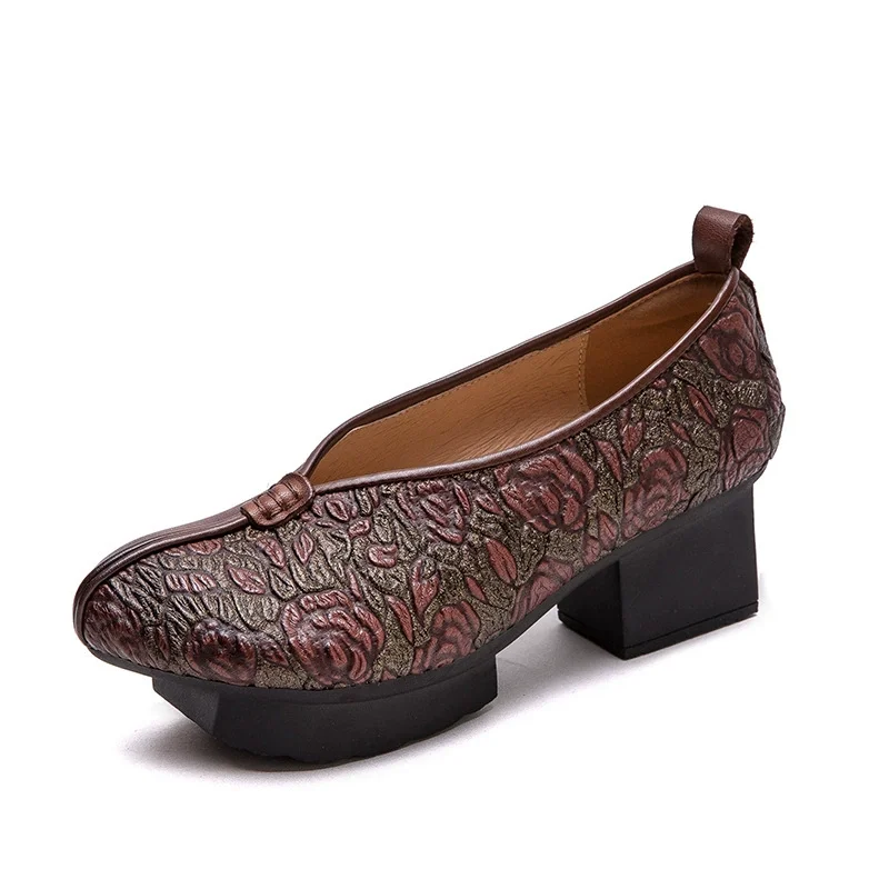 GKTINOO Spring Autumn Ethnic Style Round Toe High Heels Mom Shoes Cowhide Platform Retro Genuine Leather Pumps Women\'s Shoes