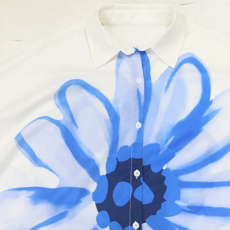 꽃 프린트 느슨한 캐주얼 셔츠 드레스 여성 패션 턴 다운 칼라 하프 슬리브 싱글 브레스트 오버 사이즈 홀리데이 비치 커버 업