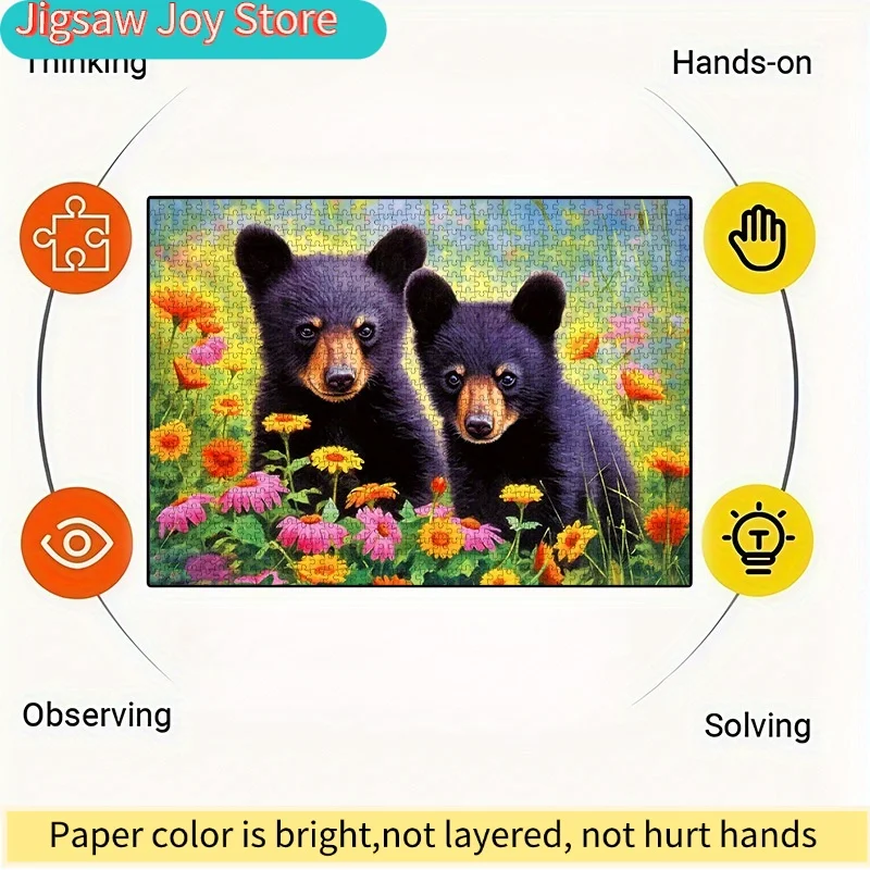 ปริศนากระดาษ DIY - หมีดำแสนน่ารักในทุ่งดอกไม้ วัสดุการ์ดสีขาวคุณภาพสูง เหมาะสำหรับเกมครอบครัว ตกแต่งบ้าน