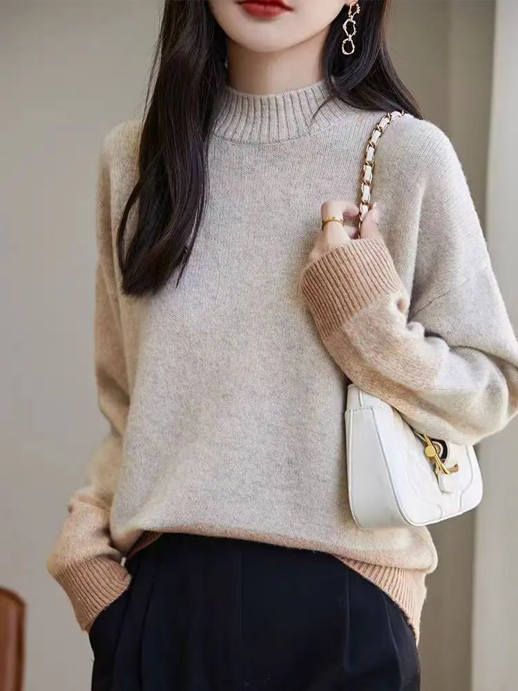 Semi-high neck melange cashmere sweater for women, color-blocked, slimming and versatile top, pure wool pullover knitted sweater