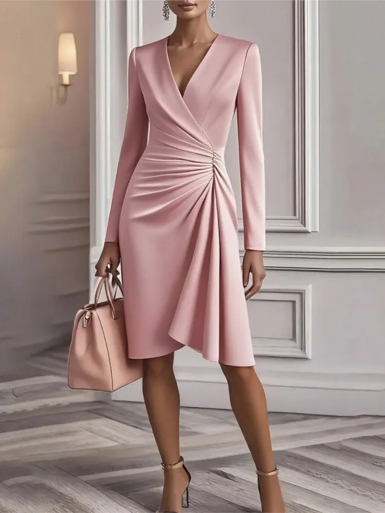 2025 New Autumn Fashion Cross V-neck Waist Solid Color Long-sleeved Dress Women's Temperament Elegant Pleated Slim Waist Dresses
