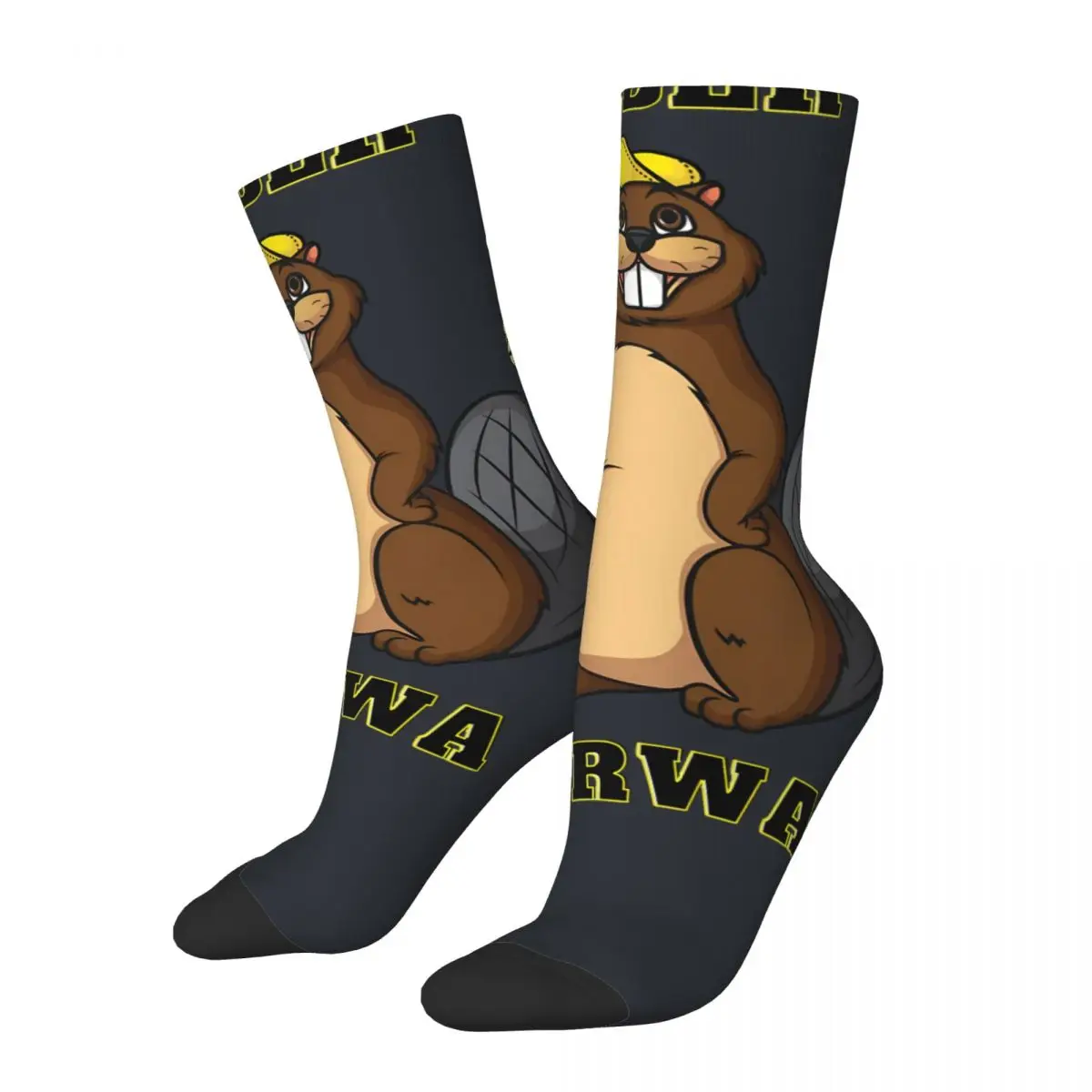 Happy Funny Beaver With Tree Trunk And Yellow Cap Men's Socks Vintage Kurwa Bobr Bober Hip Hop Novelty Casual Crew Crazy Sock