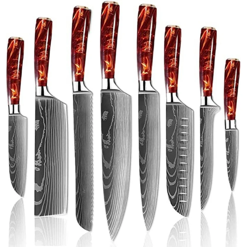 

Damascus Laser Chef Knives Resin Handle Santoku Cleaver Japanese Salmon Nakiri Cutting Fish Fillet Slicing Knives