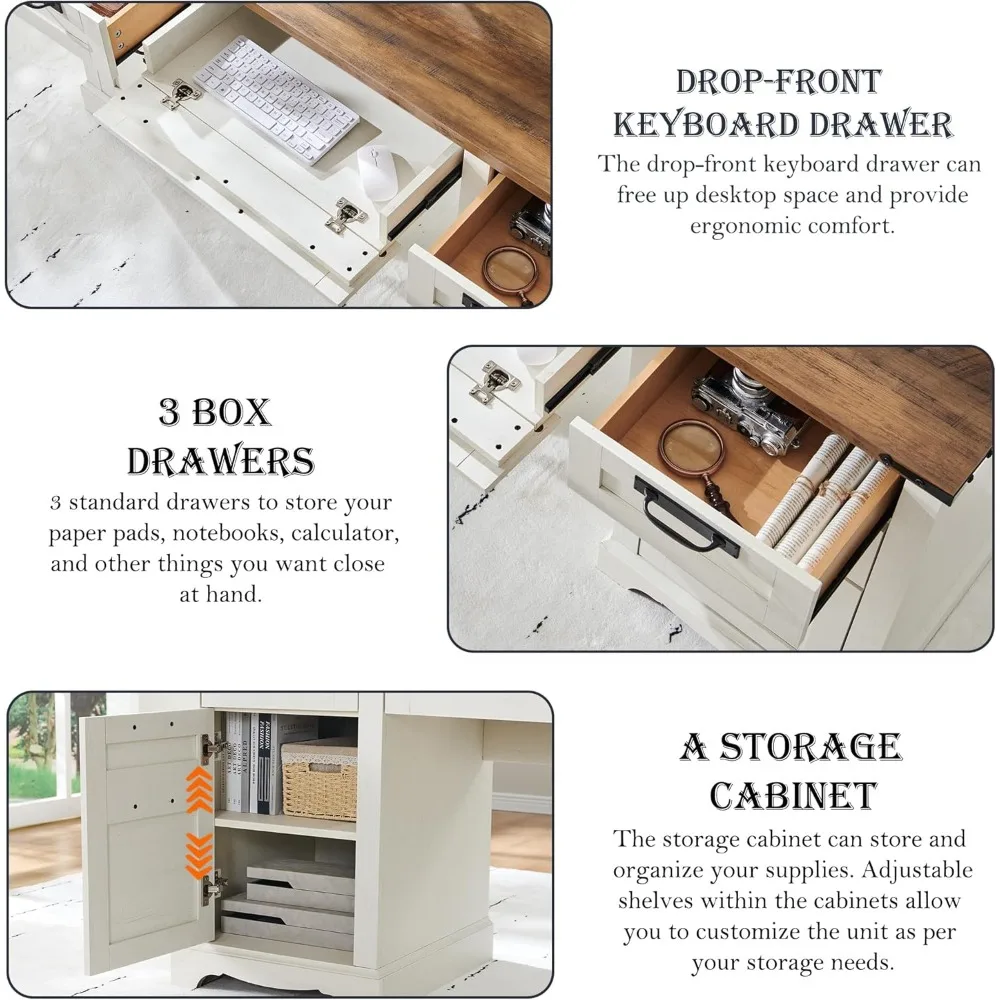 مكتب تنفيذي للمزرعة مقاس 60 بوصة مع أدراج، مكتب مكتب منزلي خشبي مع محطة شحن، صينية لوحة المفاتيح، درج الملفات، كابينة تخزين #5