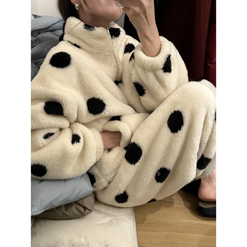Polka Dot Turtleneck Coral Fleece Pants Set Winter Warm Cardigan +trousers 2-piece Sets Loungewear/pajama Set For Women