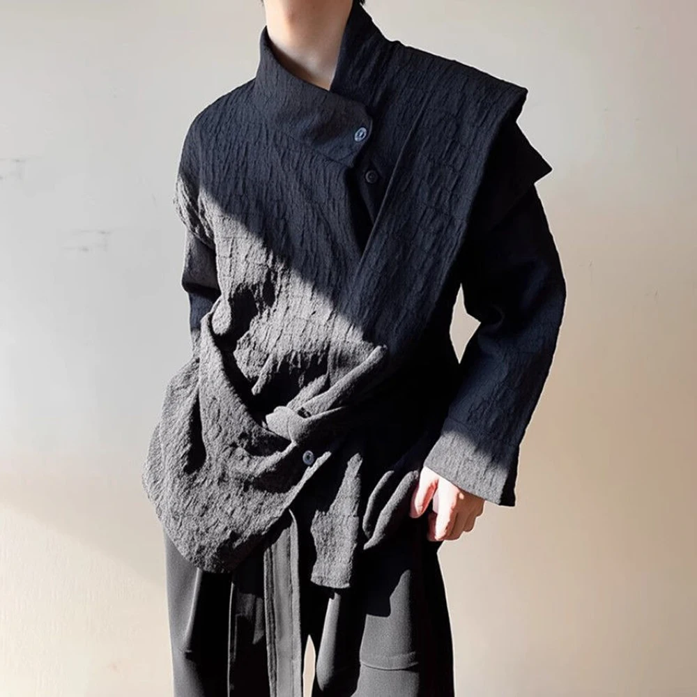 Summer New Men's Solid Color Irregular Long-Sleeved Shirt Chinese Retro Fashion Trend Leisure Loose Breathable Niche Men's Tops