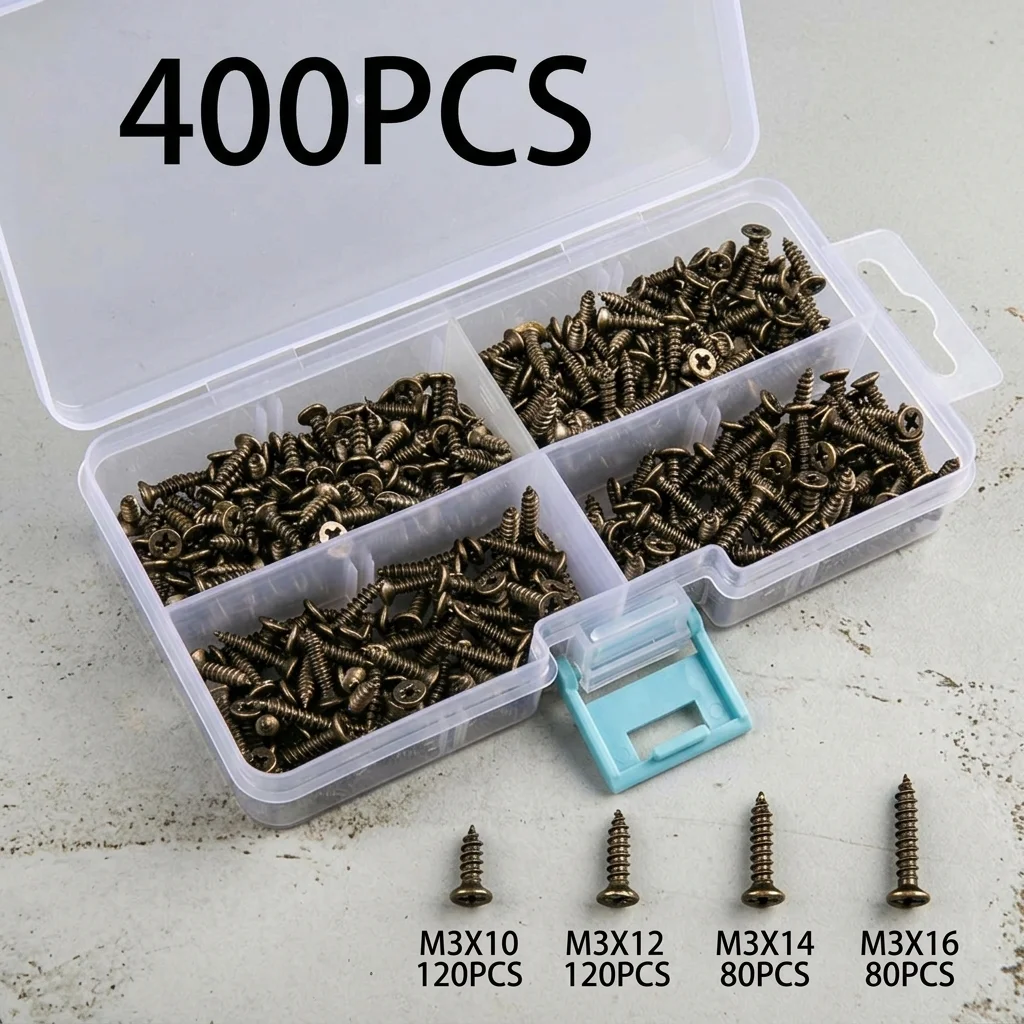 400Pcs Bronze Miniature Screw Combination Set Bronze Miniature Self-Tapping Screw for Furniture