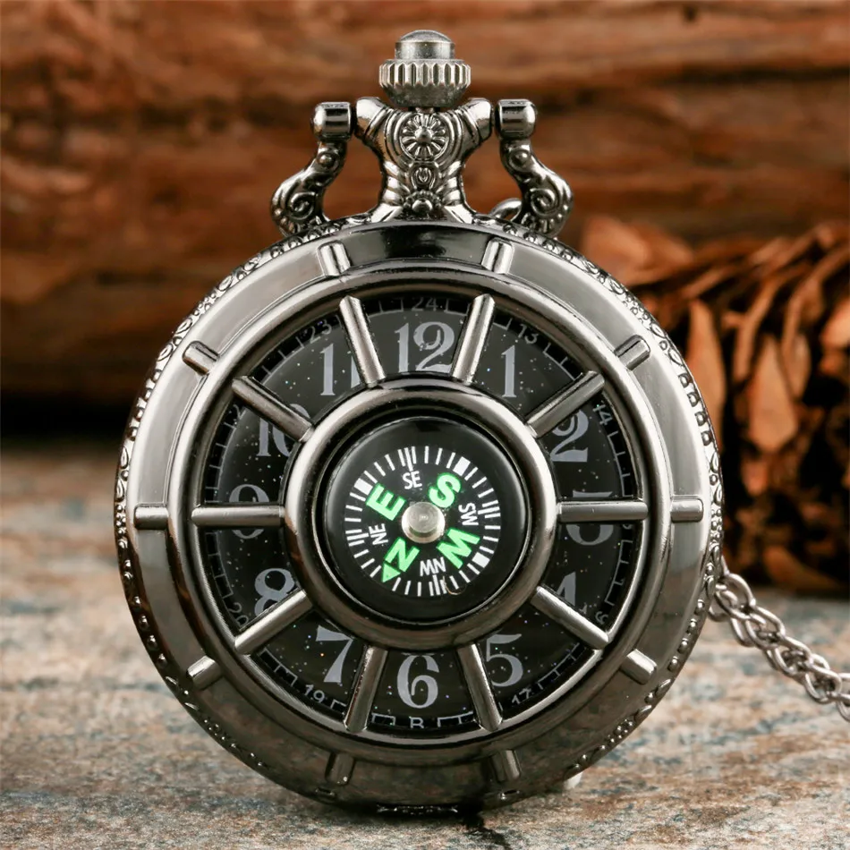 Vintage Black Compass Design Quartz Pocket Watch, With Necklace Pendant, World-Time Feature, Pointer Display Pocket Watch