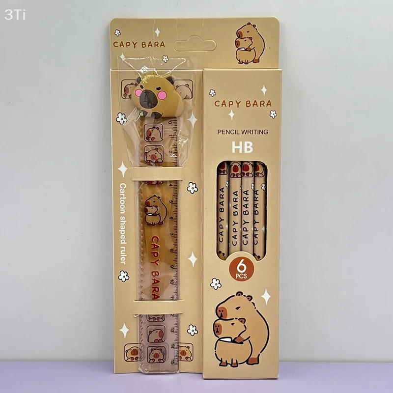 1 ชุดน่ารักนักเรียนเครื่องเขียนอุปกรณ์สํานักงานของขวัญวันเด็ก Capybara การ์ตูน Kawaii HB ไม้ดินสอไม้บรรทัด