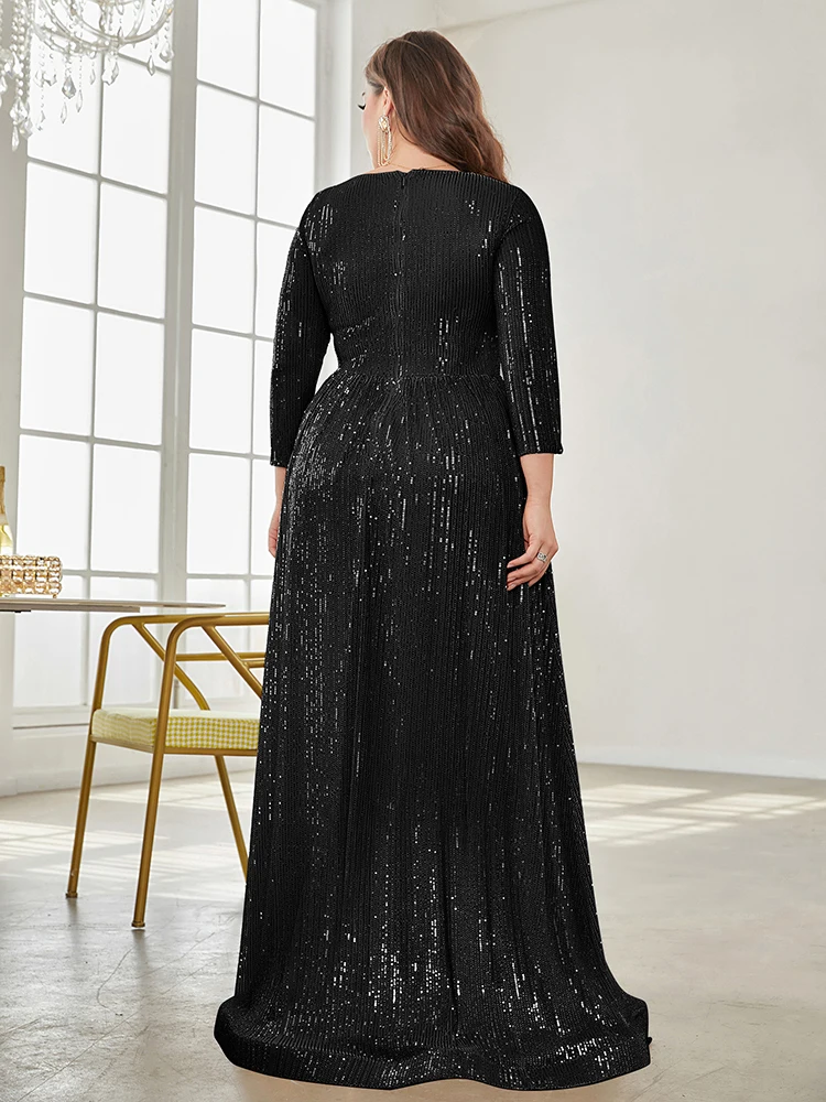 XUIBOL Plus Size Elegant VNeck Sequin Evening Dress 2024 Women Formal Maxi Prom Long Sleeves Party Mermaid Luxury Cocktail Dress