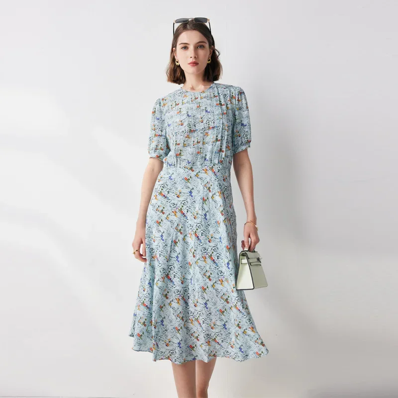 100% Mulberry Silk Women's Dresses Printing Elegant Dresses Luxury Women Clothing O-neck Summer Dress New 2024 Vestidos Mujer