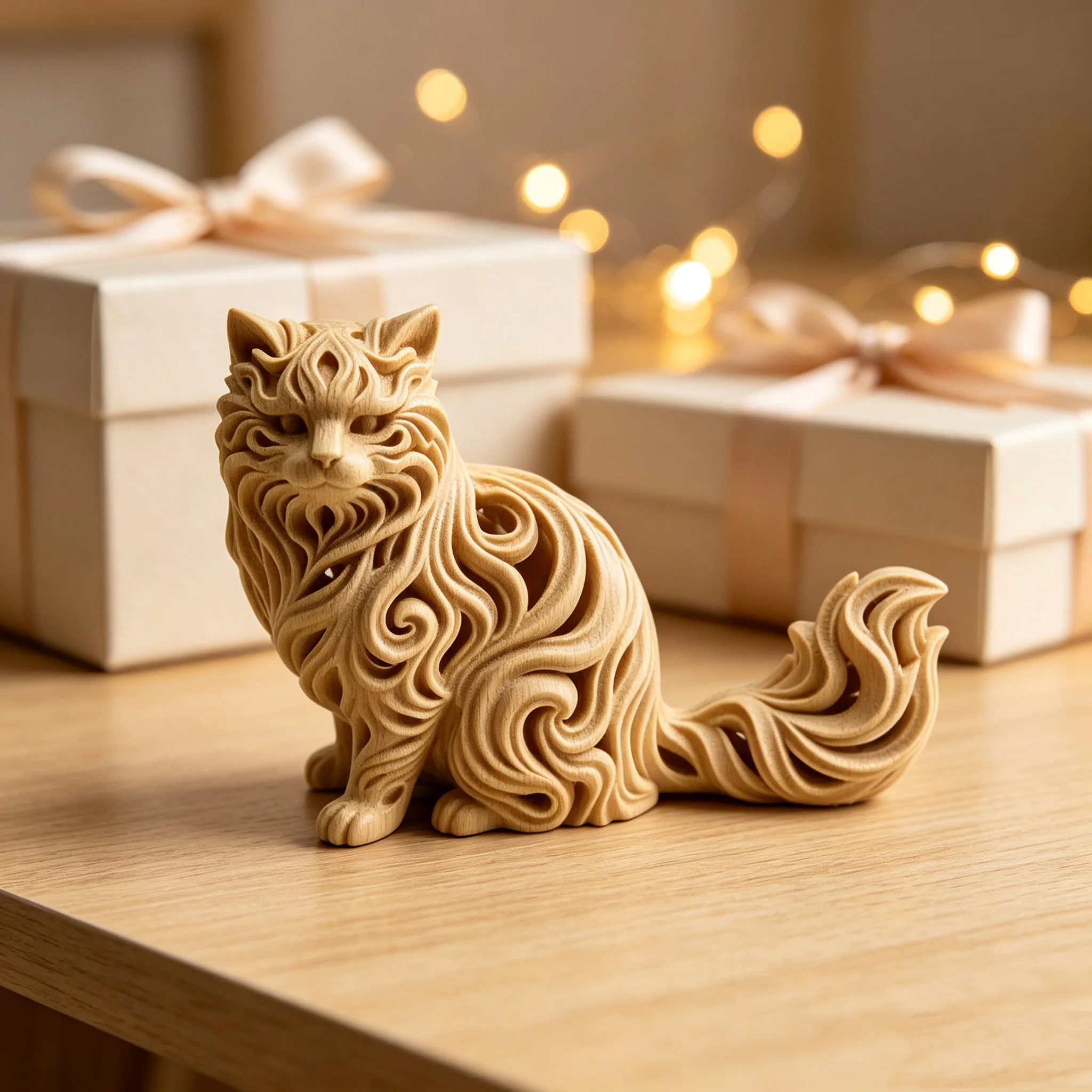 Vintage Hohlgeschnitzte Katzenfigur 3D-Gedruckt mit Holzimitat-Textur Langhaarige Katzenstatue Kunsthandwerk Dekoration für Zuhause und Schreibtisch – Detail 4