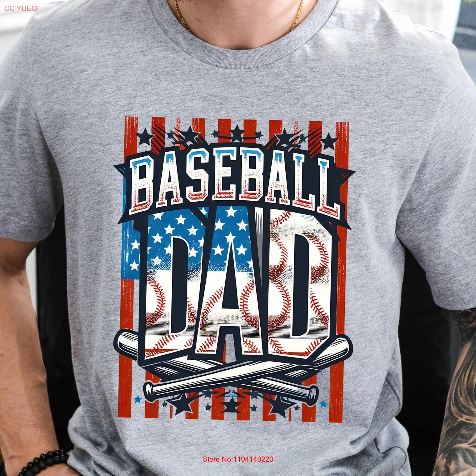 Baseball Liebhaber Papa T-Shirt Vatertag American Daddy Fledermaus USA Flagge July 4. lange oder kurze Ärmel