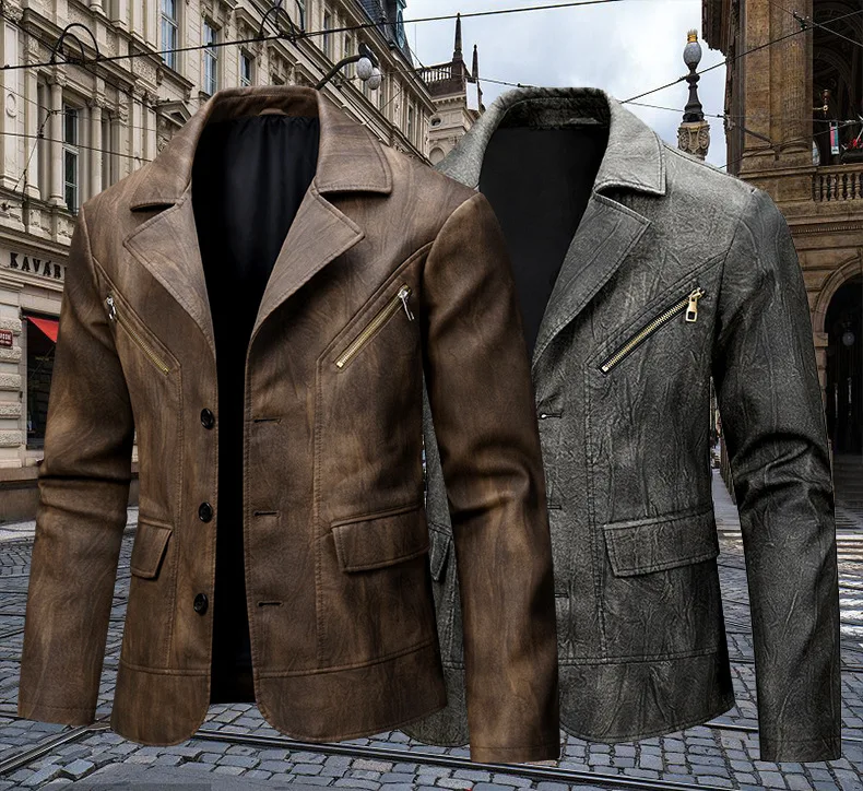 

European American Men's Solid Color Turn-down Collar Breasted Casual Trendy Faux Leather Jackets Male New Fashion PU Coats Tops