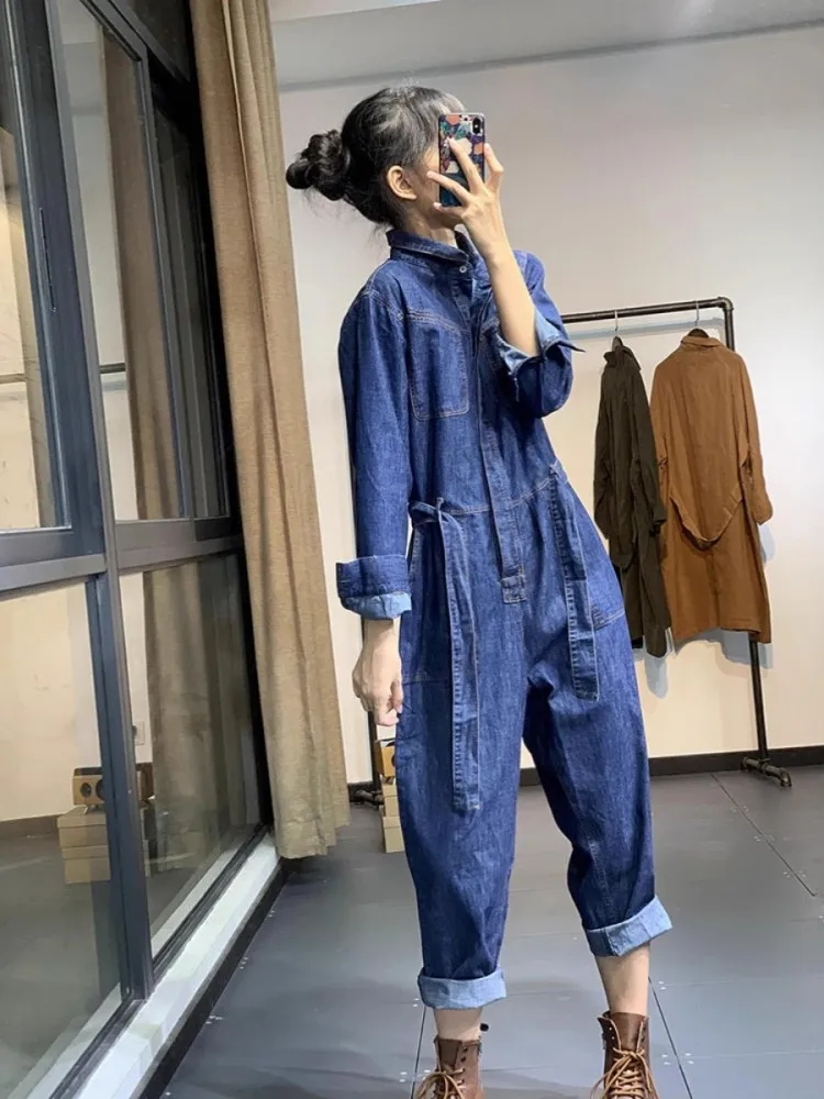 Retro Washed Denim Jumpsuit For Women In Spring And Autumn, Loose And Versatile Casual Harem Pants