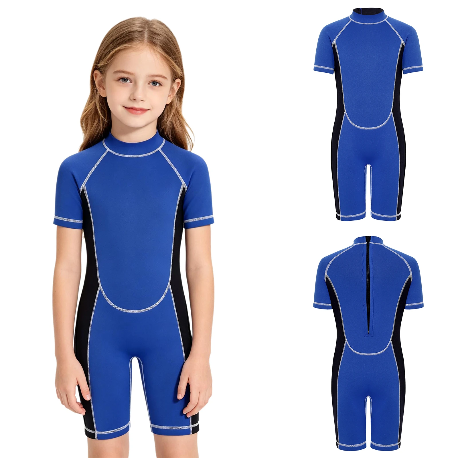 

Kids Girls Wetsuit Mock Neck Short Sleeve Back Zipper Thigh Length Jumpsuit Stretchy Lightweight for Snorkeling Surfing