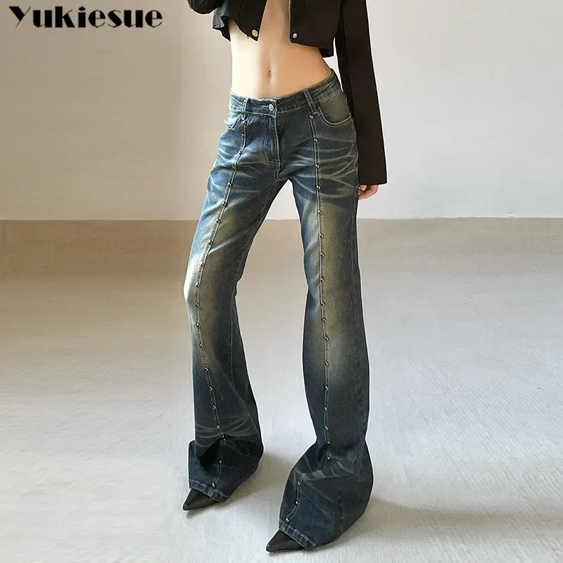 

Women Jeans 2023 Summer Korean Edition Vintage Low Waist Flare Chic Rivet Slim Pencil Jean Streetwear Fashion Retro Denim Trous