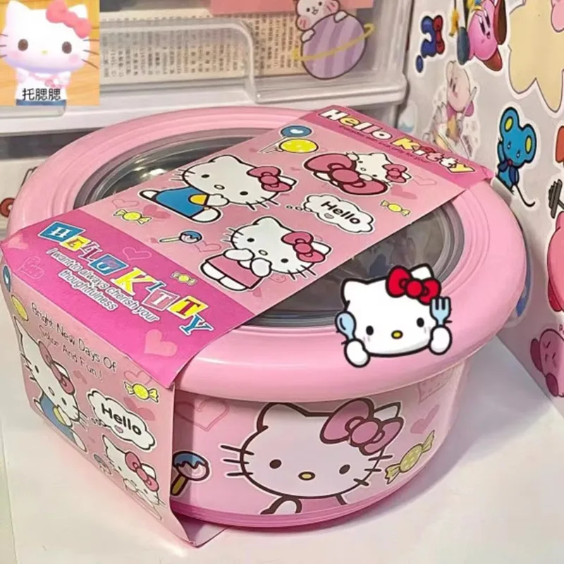 Kawaii Sanrio Hello Kitty Metal Bowl Cute Cartoon Pink Stainless Steel  Airtight Lunch Box Fashionable Noodle Soup Bowl