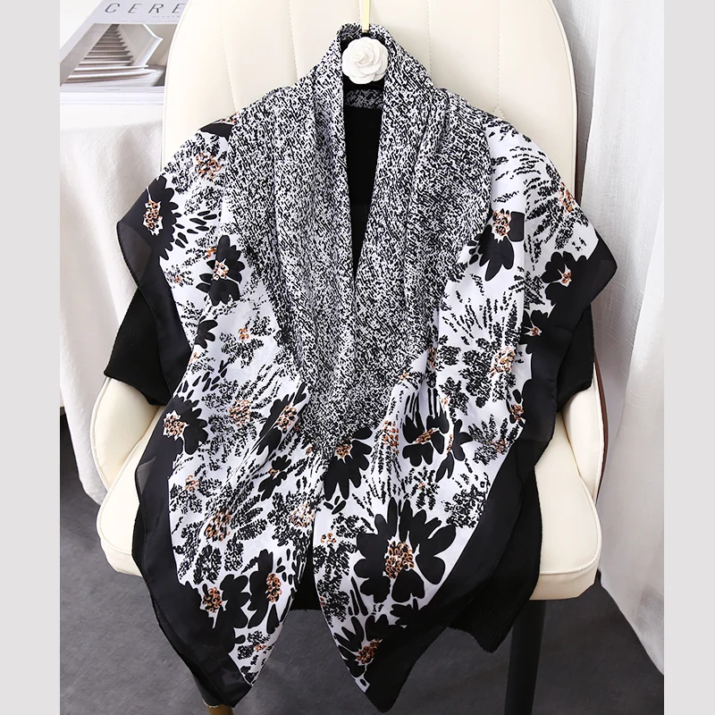 

Spring Autumn Fashion Design Square Scarf Travel Sun Resistance Imitated Silk Floral Printed Hijab Wrap