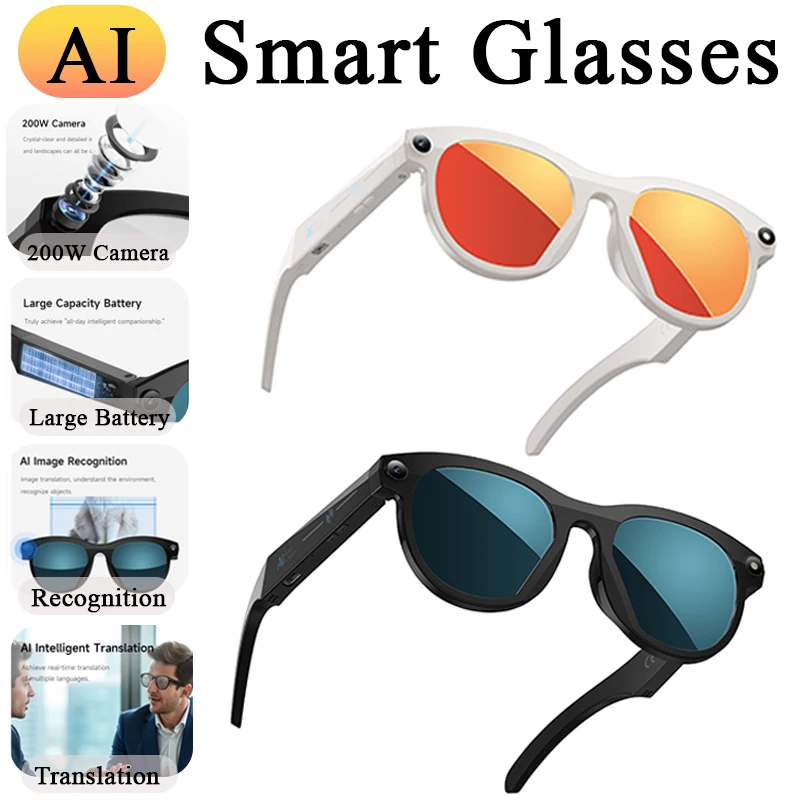 

Новые умные очки с искусственным интеллектом, HD-камера, светодиодный фонарик для съемки, перевод AI, распознавание, большая батарея, сенсорное управление, солнцезащитные очки BT Call