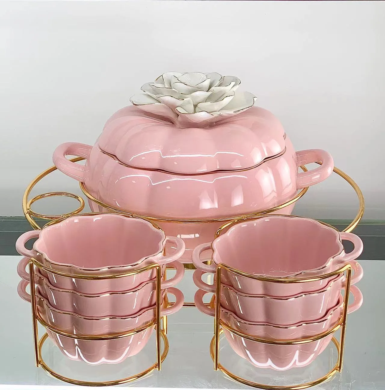 Flower Pumpkin Ceramic Soup Pot Binaural Bowl Set Insulated Iron Frame Big Soup Bowl for Household Tableware Dinnerware Sets