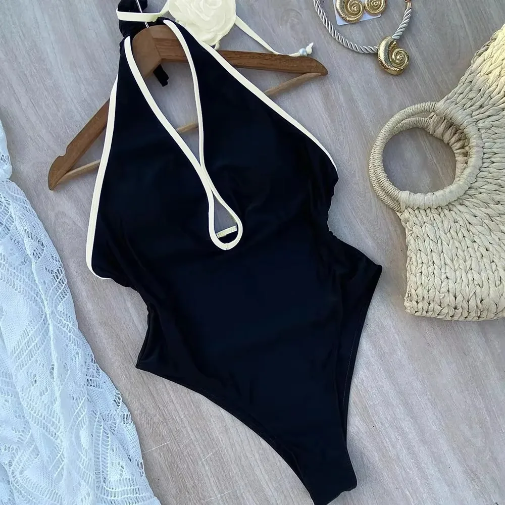 One Piece Swimsuit Halter V Neck 3D Flower Belt Splicing Women Swimwear Female Backless Monokini Bather Bathing Suit Swim 2025