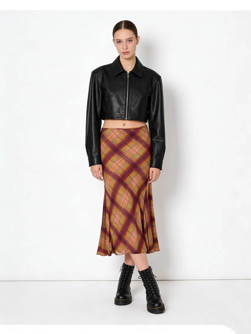 Falls Retro Style Women's Puff Sleeve Sweater Plaid Midi Skirts Sets Lady Graceful Autumn Knit Tops High Waist Wool Skirt Outfit
