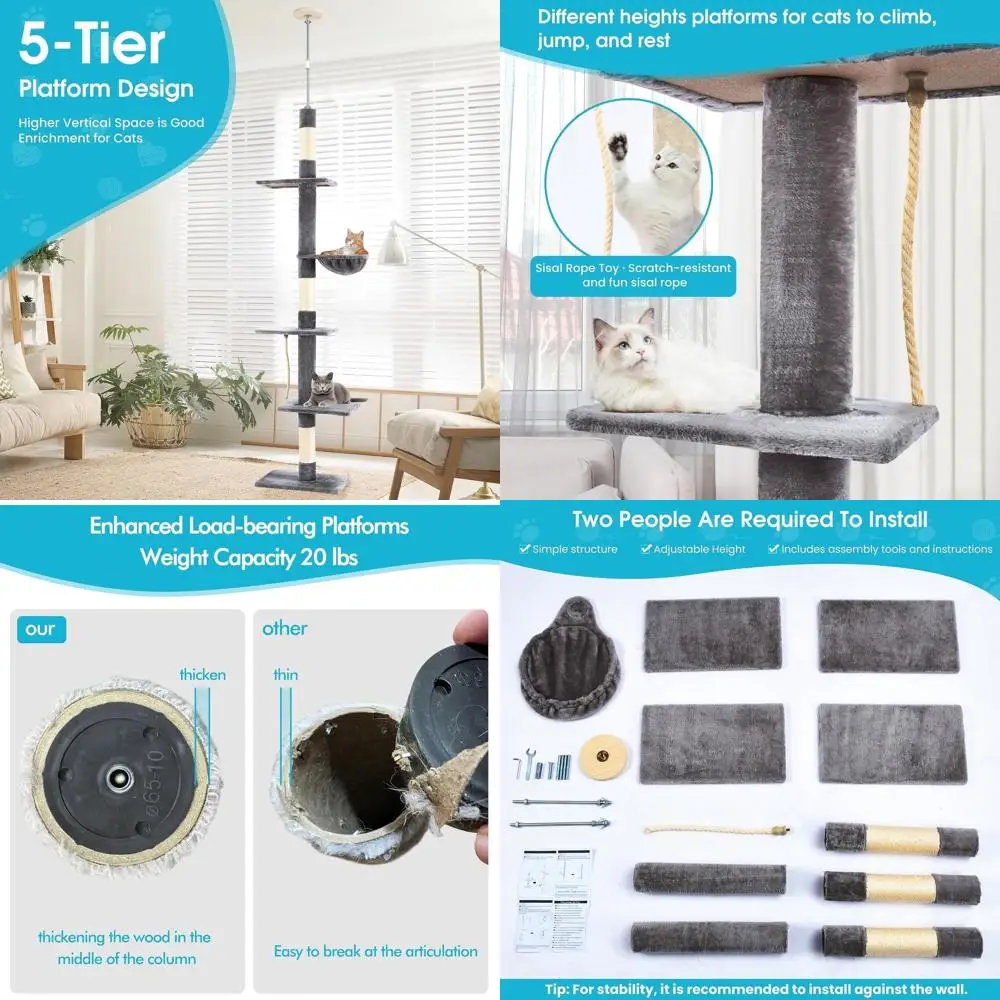 

5-уровневая регулируемая кошачья башня, 89-109 Крытое лазание с гамаком, темно-серый