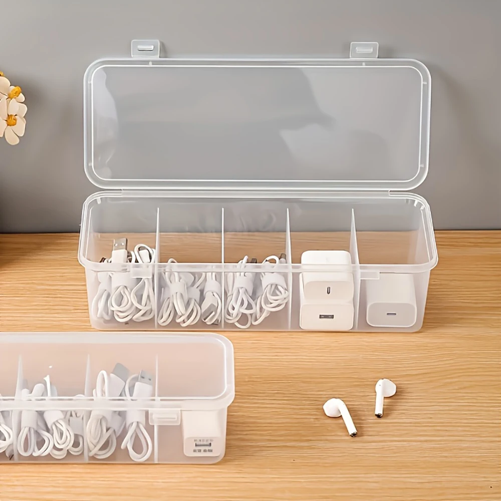 Transparent Data Cable Organizer with Lid Dustproof Storage Box Card Organizer Battery Clutter Collection Box for Office Home